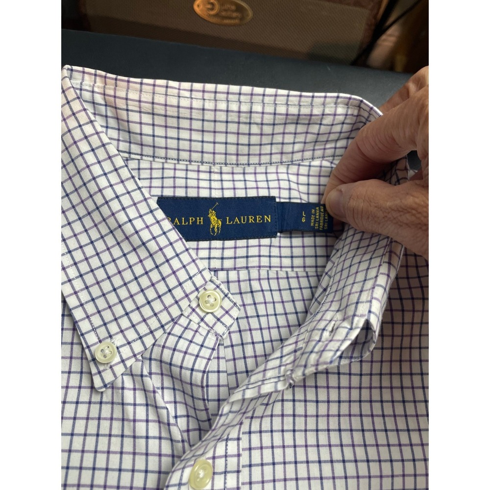 Ralph Lauren Button Up Shirt Mens Large White Purple Navy Check Long Sleeve